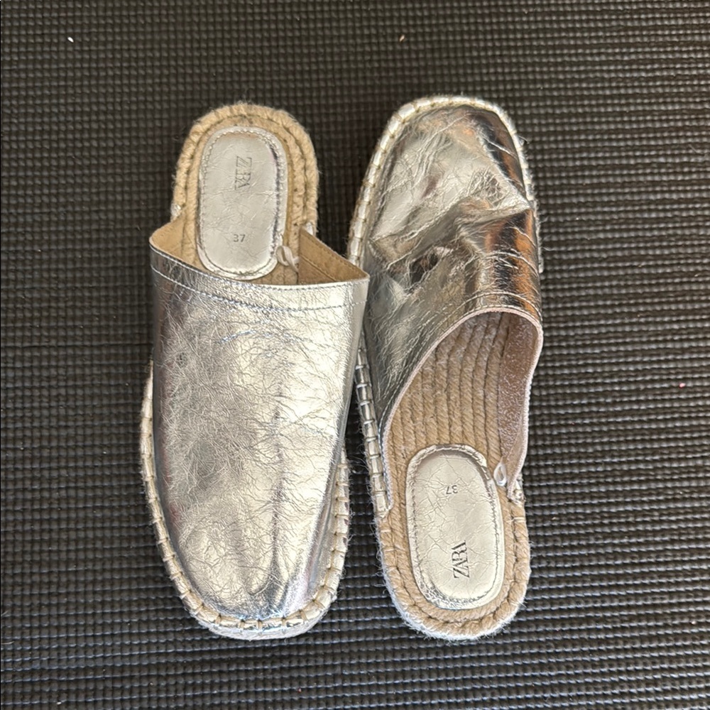 Zara Silver Espadrille Shoes with Shimmery Finish